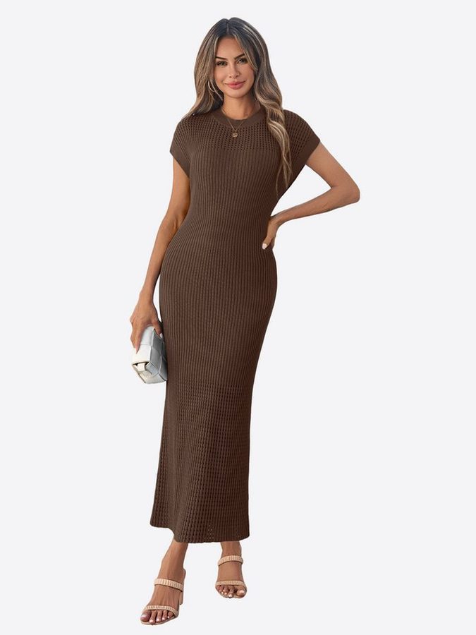 Imily Bela Strickkleid Damen mit Kurzarm und Rundhals Casual (Packung, 1-tlg., 1per-Pack) in Unifarbe mit Lochmustern und Rippstrick von Imily Bela