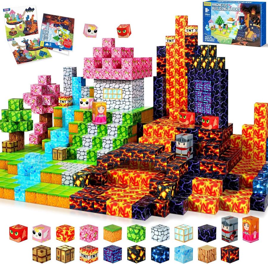 POPOLIC Magnetische Bausteine, 150 Teile Magnetbausteine ab 4 Jahre Magnetspielbausteine, (150 St., Magnetische Bauwelt Halloween Spielzeug Magnetblöcke), für Kinder ab 3 4 5 6 7 8 9 Jahre Verstaubare von POPOLIC