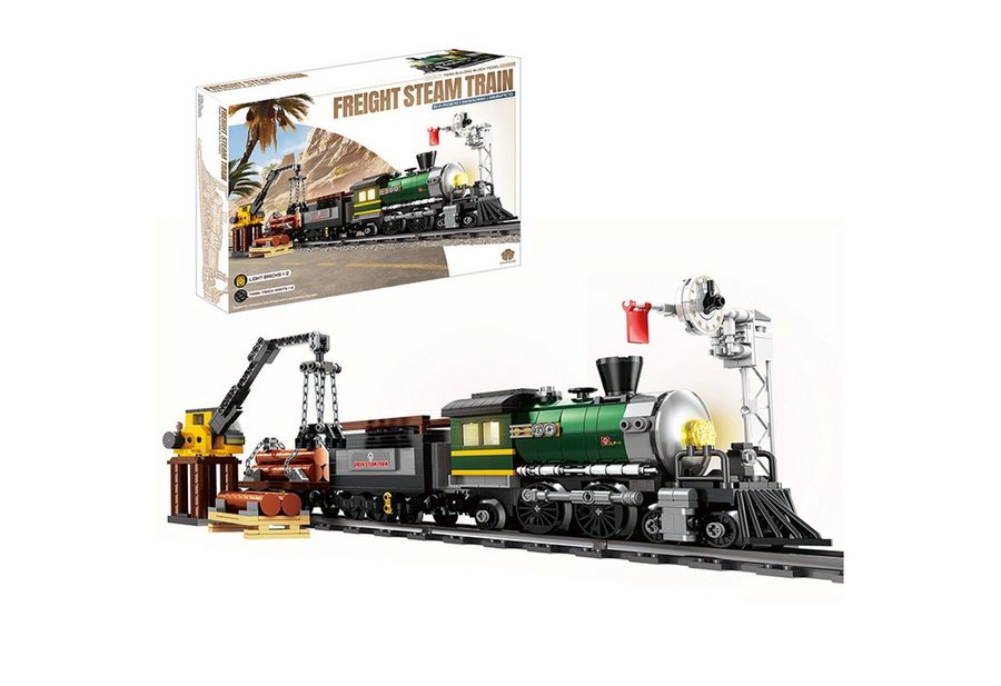 Esun Zug Retro Dampflok Klemmbausteine Set Modell mit Schienen Bauspielzeug Spielbausteine, (Set, 886 St., Komplettset), Zug Eisenbahn Geschenk für Erwachsene (886 Teile) von Esun