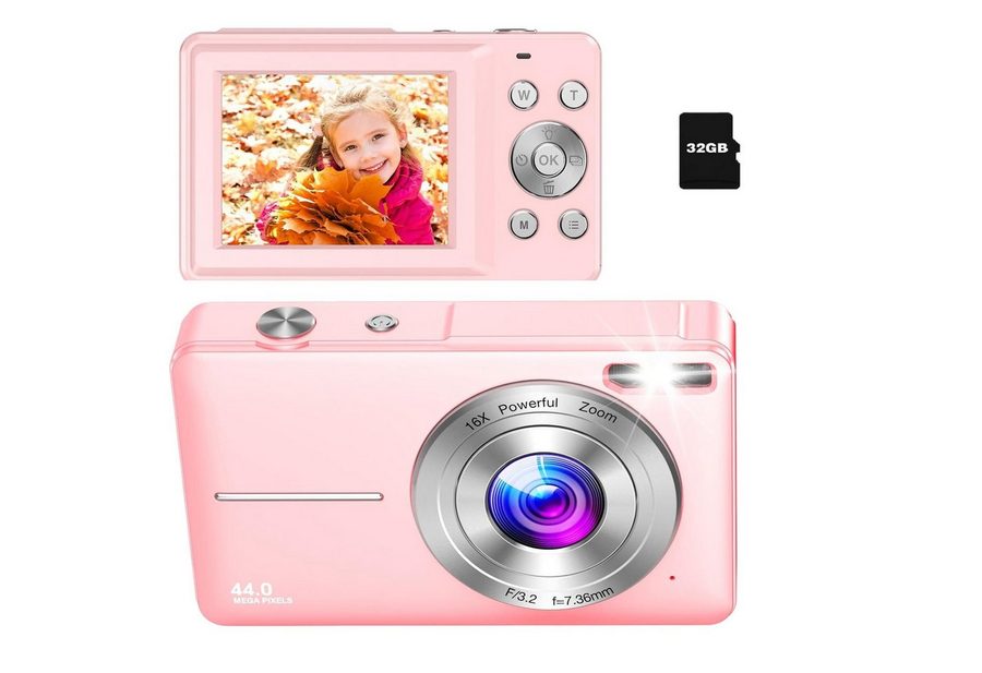 AKKEE Digitalkamera 1080P 44MP Kompaktkamera mit 32G Karte 16X Digitalzoom Kompaktkamera (44 MP, Anti-Shake, Serienaufnahmen, Timer-Aufnahme, Gesichtserkennung) von AKKEE