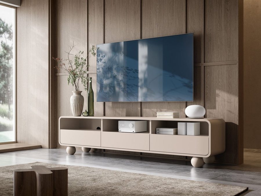 MOEBLO TV-Board BERLIN RTV 180 (in Kaschmir, modernes Lowboard mit 3 Schubladen, 3 offenen Fächern, Tip-on, Vollauszug und Kugelfüßen, 180 cm, TV Bank TV Tisch Fernseher Tisch TV Möbel), (BxHxT): 180 x 44 x 39 cm von MOEBLO
