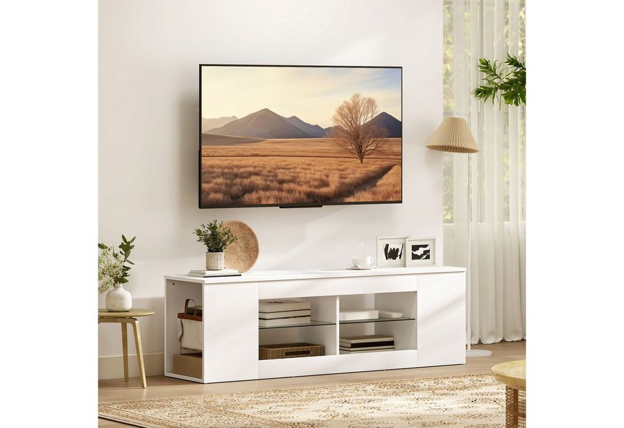 HOMCOM TV-Board Fernsehtisch für Fernseher mit 6 Fächern, 2 Glasregalen (TV Lowboard, 1 St., Fernsehschrank), für Wohnzimmer, Schlafzimmer, Weiß von HOMCOM
