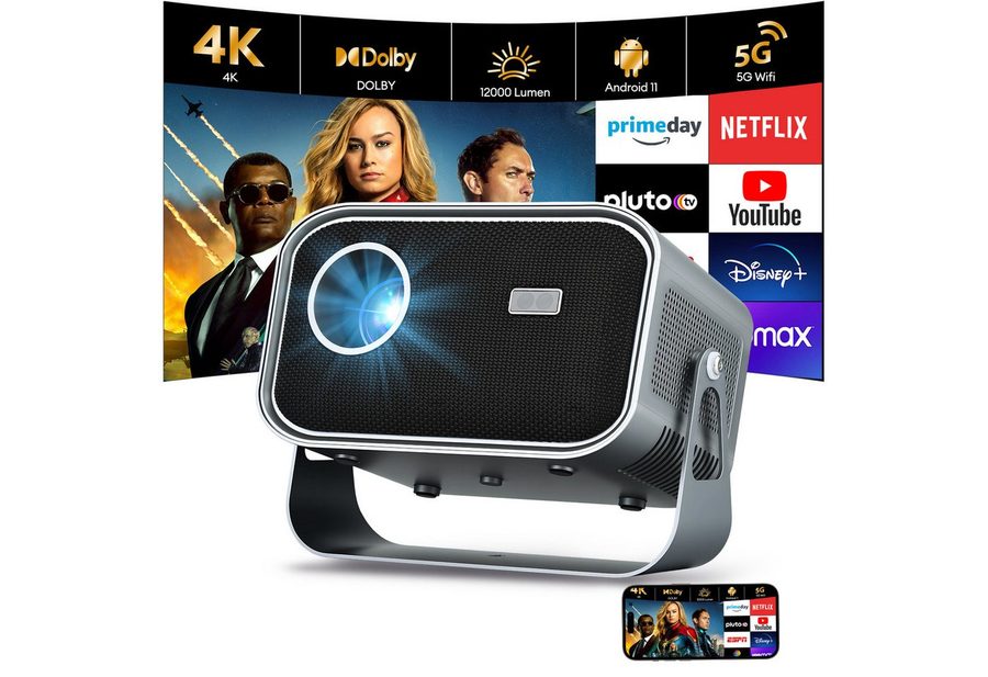 CkeyiN LCD-Beamer 4K 1080P Projektor unterstützt Netflix Youtube LCD-Beamer (12000 lm, 1280×720 px, Autofokus Beamer Augenschonender Projektor Wifi 2,4G 5G Android 11) von CkeyiN