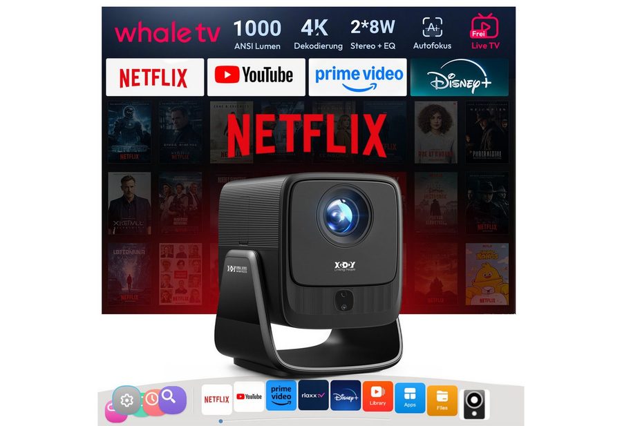 XGODY N7 Beamer 4K Mit Netflix Zertifizierung AutoFokus Heimkino 1080P LCD-Beamer (1000 lm, 2500:1, 3840 x 2160(1000 ANSI) px, WiFi Bluetooth Video Projektor für Handy, Heimkino, Kurzdistanz, Decke) von XGODY