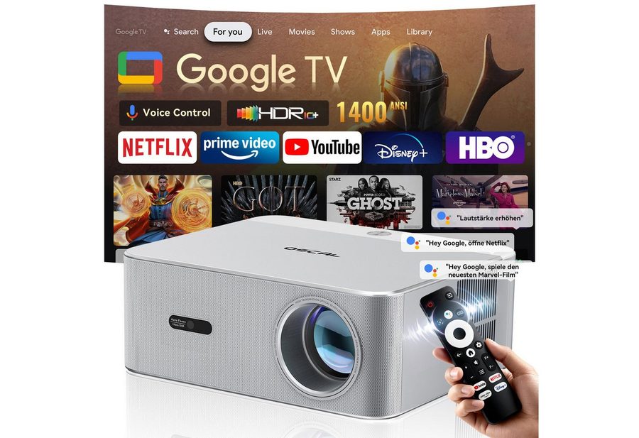 OSCAL PV800 PRO: 1400 ANSI Lumen, 4K, Google TV mit Netflix, WiFi 6 LED-Beamer (Google TV, WiFi 6, Auto-Fokus, Auto-Keystone,BT 5.0, 4000:1 Kontrast) von OSCAL