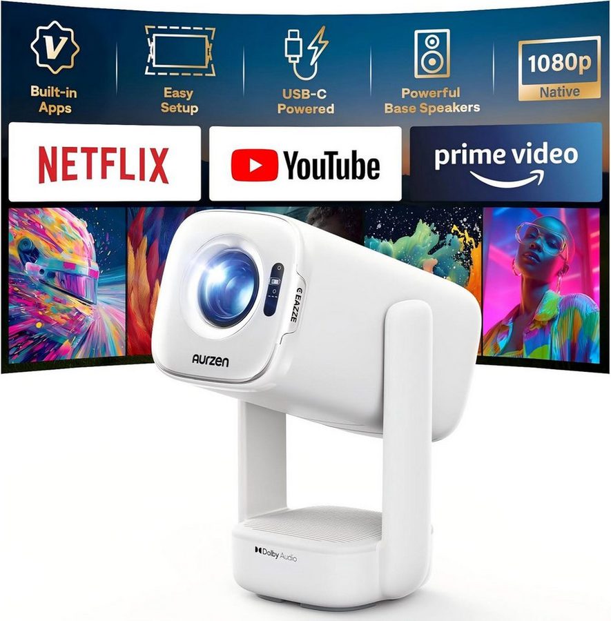 Aurzen D1 air 4K Smart Beamer mit Netflix Zertifizierung, USB-C-Aufladung Beamer (300 lm, 3840 x 2160 px, Native 1080P Full HD, 16W Dolby Audio, TOF-Autofokus & Auto-Trapez) von Aurzen