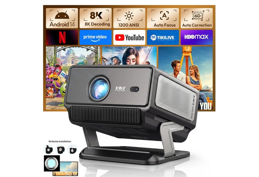 XGODY 2026 Neuer Smart Beamer 4k heimkino mit leinwand, Integrierte APP UHD-Beamer (1200 lm, 2500:1, 3840 x 2160(1200 ANSI) px, Android 14, Full HD 1080P, unterstützt 8K-Decodierung Projektor) von XGODY