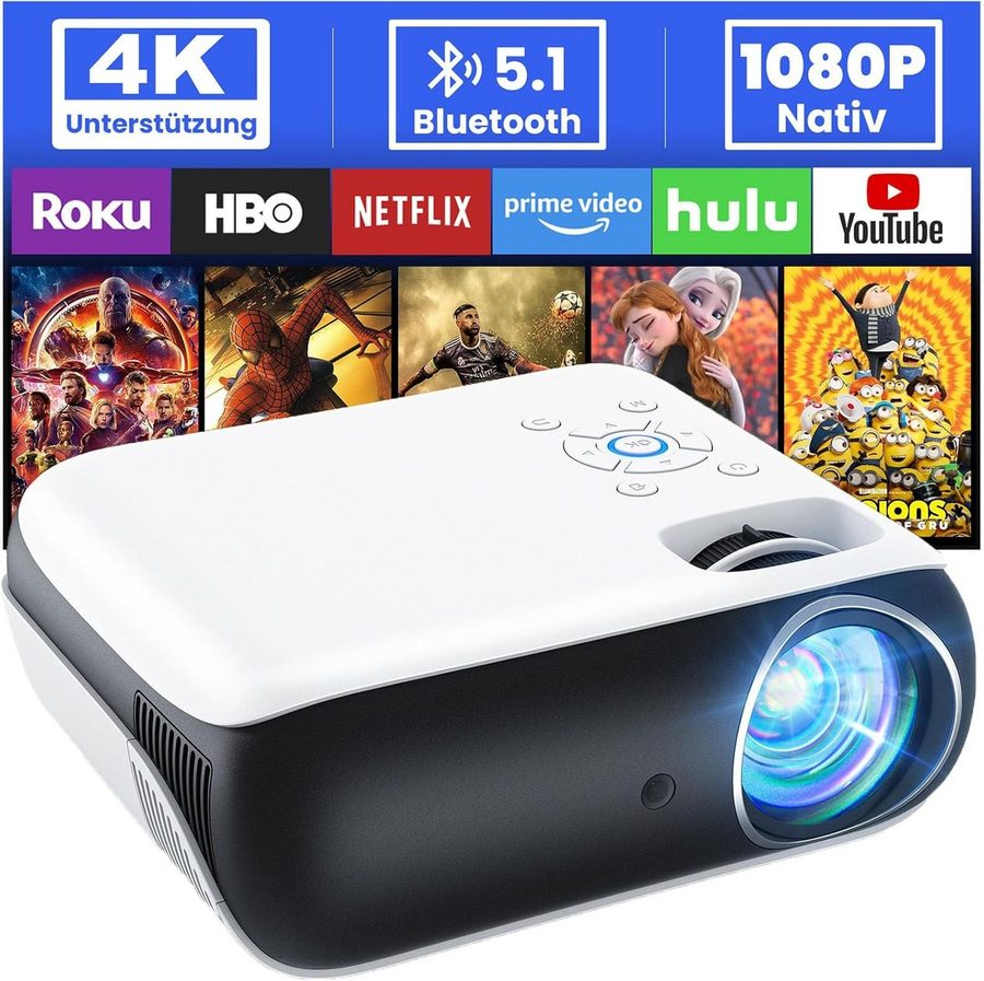HAPPRUN LED-Beamer (9500 lm, 10.000:1, 3840 x 2160 Pixel px, Bluetooth 5.1, 200 Zoll, HDMI & USB) von HAPPRUN
