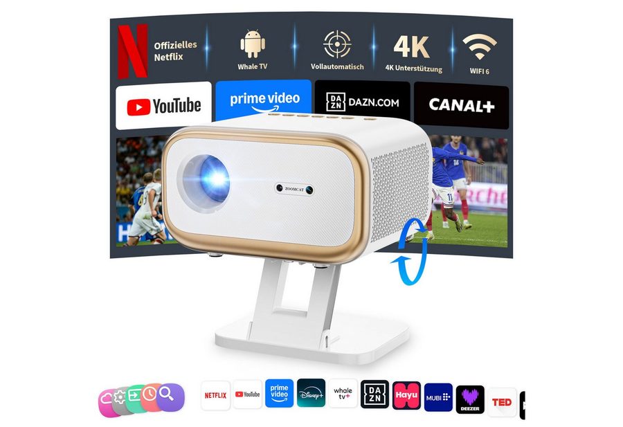 ZOOMCAT Beamer 4K Heimkino Mit Netflix Zertifizierung (Autofokus)Mit Ständer Beamer (25000 lm, 25000 : 1, 3840x2160 px, Auto Fokus, Auto Trapezkorrektur, Auto Hindernisvermeidung) von ZOOMCAT