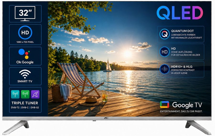 JTC-24 JTCSQ32H39330G QLED-Fernseher (80 cm/32 Zoll, HD ready, Google TV, 32 Zoll, QLED, Android TV, Sprachsteuerung, Triple Tuner, Bluetooth) von JTC-24