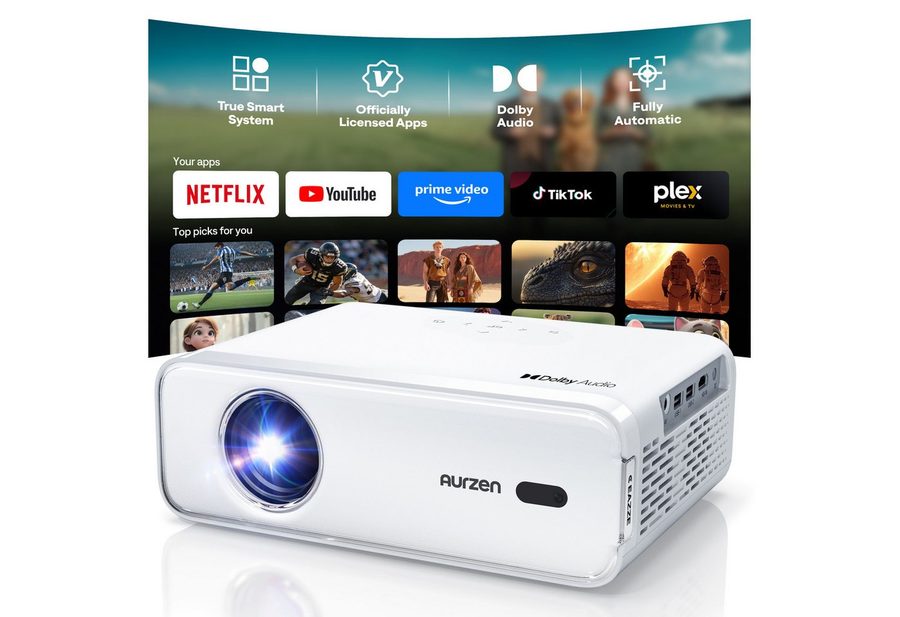 Aurzen NetfIix Officially 4K Unterstützt Smart Beamer (3840 x 2160 px, DoIby Audio, Autofokus & Trapezkorrektur, WiFi Bluetooth Projektor) von Aurzen