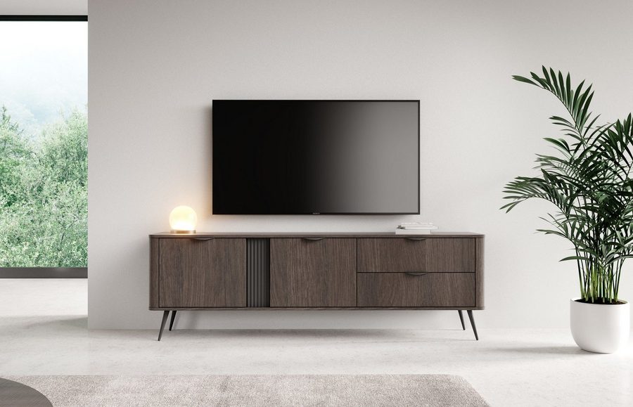 MOEBLO TV-Board RTV LARON 195 2d2s (Schwarz & Eiche Dunin, modernes Lowboard im Industrial & Japandi Design mit Metallfüßen, geriffelter Zierleiste und großzügigem Stauraum, Lowboard Fernsehtisch TV Bank TV Tisch Fernseher Tisch TV Möbel), (BxHxT): 195,2 x 61,2 x 38 cm von MOEBLO