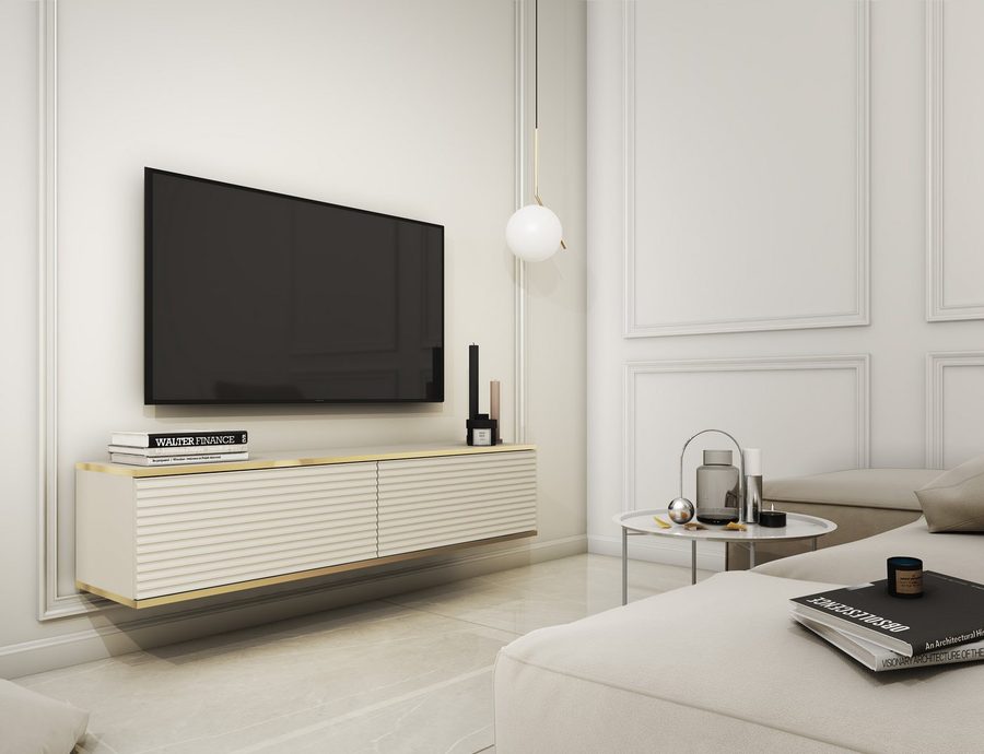 MOEBLO TV-Board Dayn RTV - 135 MDF (Moderne Hängeschrank Lamellen Lowboard Fernsehtisch TV Bank, RTV-Schrank mit goldenen Einsätzen TV Tisch Fernseher Tisch TV Möbel), (HxBxT):30x135x32cm von MOEBLO