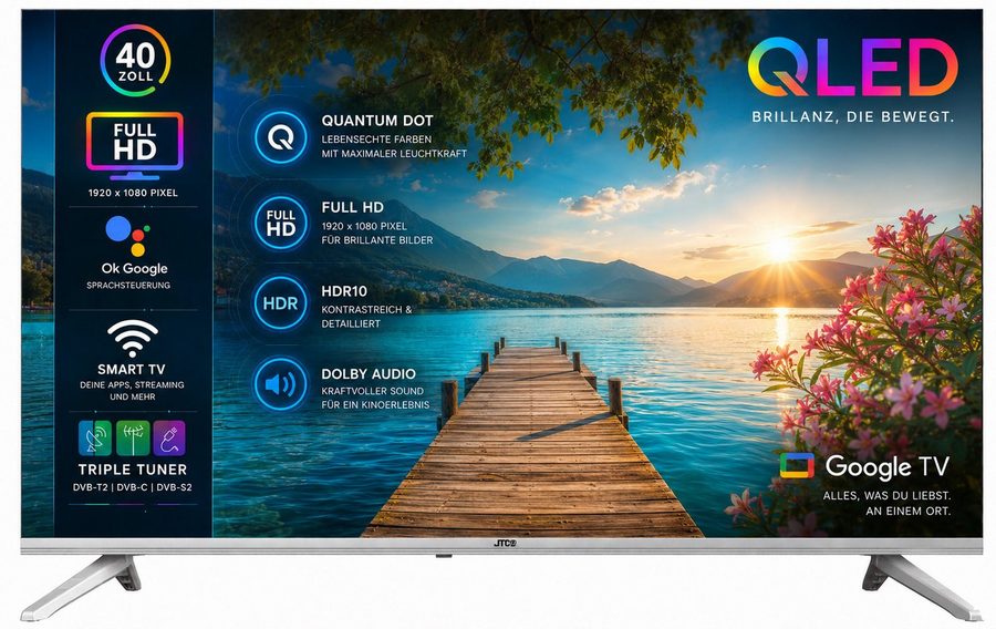 JTC-24 JTCSQ40F39405G QLED-Fernseher (100 cm/40 Zoll, Full HD, Smart-TV, Google TV, 40 Zoll, QLED, Android TV, Sprachsteuerung, Triple Tuner, Bluetooth) von JTC-24
