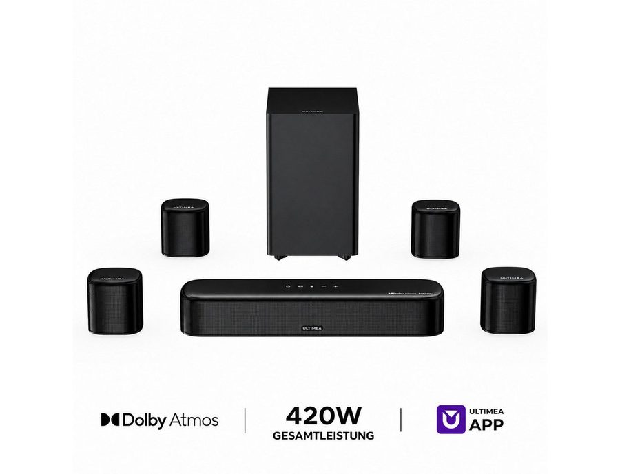 Ultimea Aura S5T 7.1 Soundsystem 7.1-Kanal Dolby Atmos Soundbar (HDMI eARC und Bluetooth® 6.0, 420 W, 5,25'' Subwoofer, VoiceMX, BassMX, 4 Surround Lautsprecher) von Ultimea