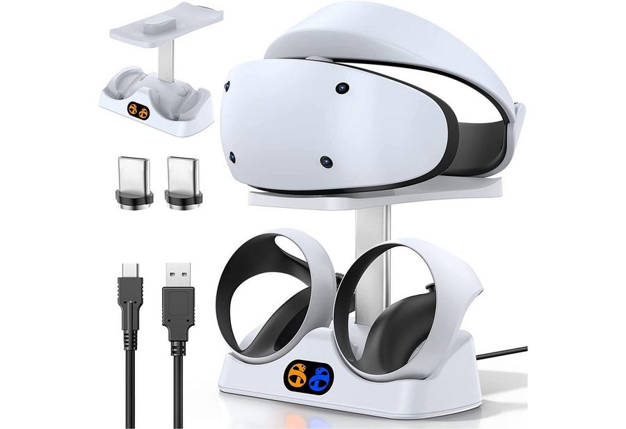 feinlux Ladestation für PS VR2 Controller Ladeschale (2000 mA, Set, PS VR2 Ladestation Ladestation, mit Headset Ständer, mit LED Licht, Typ C Kabel) von feinlux