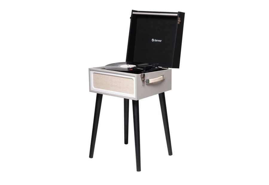 Denver VPR-250 freistehender Retro Schallplattenspieler mit Bluetooth Plattenspieler (Riemenantrieb, Retro-Look mit Kofferdesign und schwarzen Beinen) von Denver