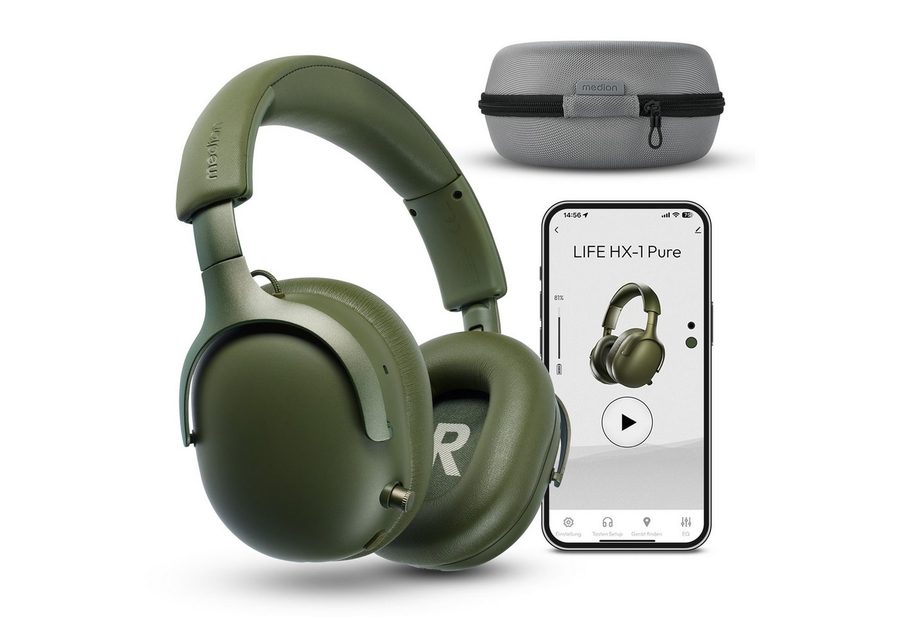 Medion® LIFE HX-1 Pure Over Ear-Kopfhörer (MD43774) Kopfhörer (An/Aus Anzeige, Austauschbare Ohrpolster, AUX-Eingang, Bluetooth, Drahtlos, Drehbare Ohrmuscheln, Integrierte Akku, LED-Beleuchtung, Spritzwasserschutz, USB-Ladefunktion, Bluetooth 5.4, bis zu 100 Stunden Akkulaufzeit, IPX4 Spritzwasserschutz, Bluetooth) von Medion®