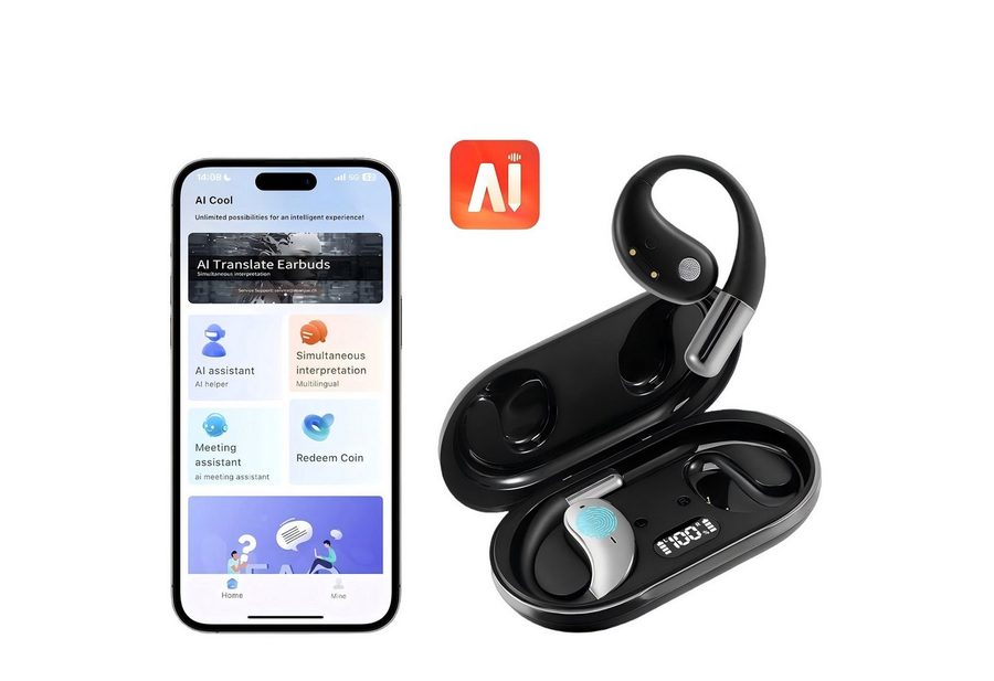 Forrlite Open-Ear Ohrhörer mit Sprachübersetzung und smarter App Bedienung Open-Ear-Kopfhörer (Bluetooth Kopfhörer mit Ohrbügel für Telefonate Reisen und Freizeit, Ohrbügel-Design mit App-Steuerung und Sprachfunktionen) von Forrlite