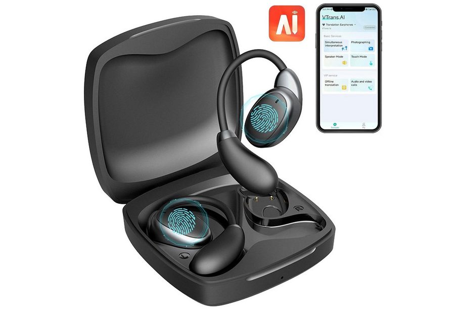 Forrlite Open-Ear-Kopfhörer, Übersetzungskopfhörer mit Bluetooth und Ohrbügel Open-Ear-Kopfhörer (Sportkopfhörer mit Echtzeit-Übersetzung für Reise und Lernen, 138 Gratis-Sprachen, 3 Übersetzungsmodi und bis zu 30 Std. Laufzeit) von Forrlite