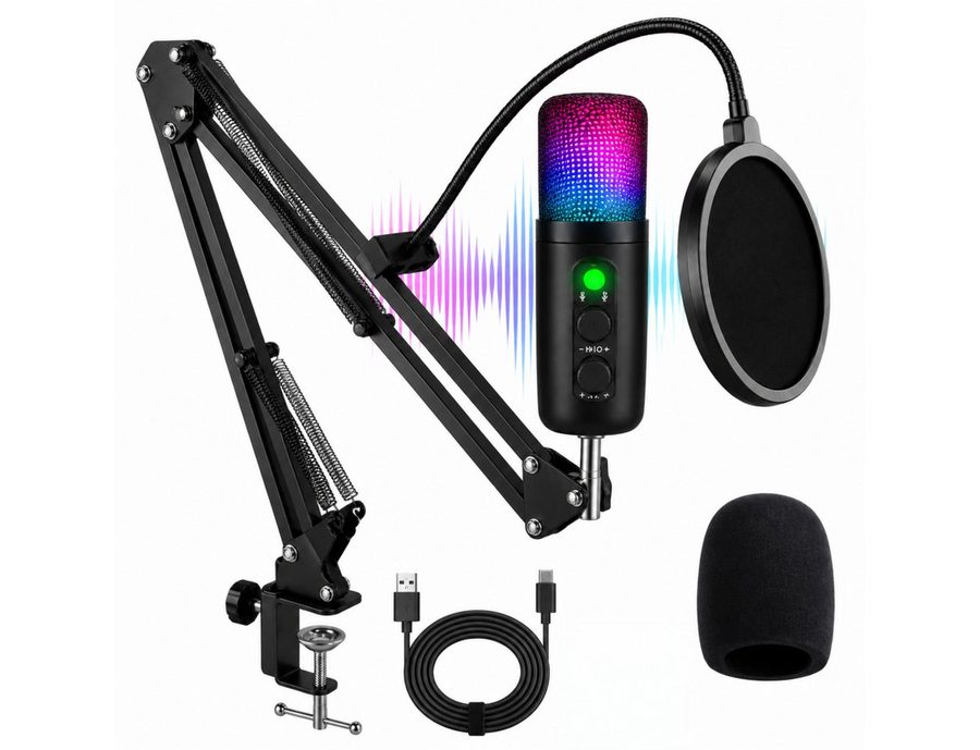 Fyrove Streaming-Mikrofon RGB USB Mikrofon Set 7-tlg.–Kondensator Streaming Mikrofon (für Gaming, Podcast & PC mit Geräuschreduzierung), Stummschaltung, Kopfhörer Monitoring und USB-C Adapter von Fyrove