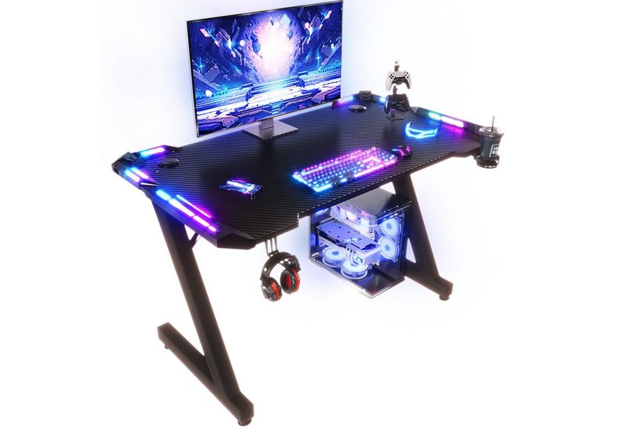 HOMALL Gamingtisch LED Gaming Tisch,Computertisch,mit RGB Lichtern 120/140/160cm (Gaming-Tisch mit RGB-Beleuchtung, passenden Getränkehaltern und Kopfhörerhaken sowie Z-förmigen Tischbeinen-ostern geschenke) von HOMALL