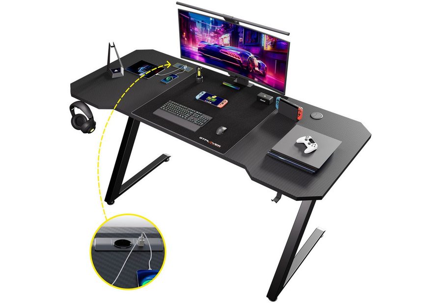 GTPLAYER Gamingtisch 120×60 Gaming Tisch mit Mauspad PC Tisch Kohlefaseroberfläche, Stabiler Computertisch mit Kopfhörerhaken, Schwarz von GTPLAYER