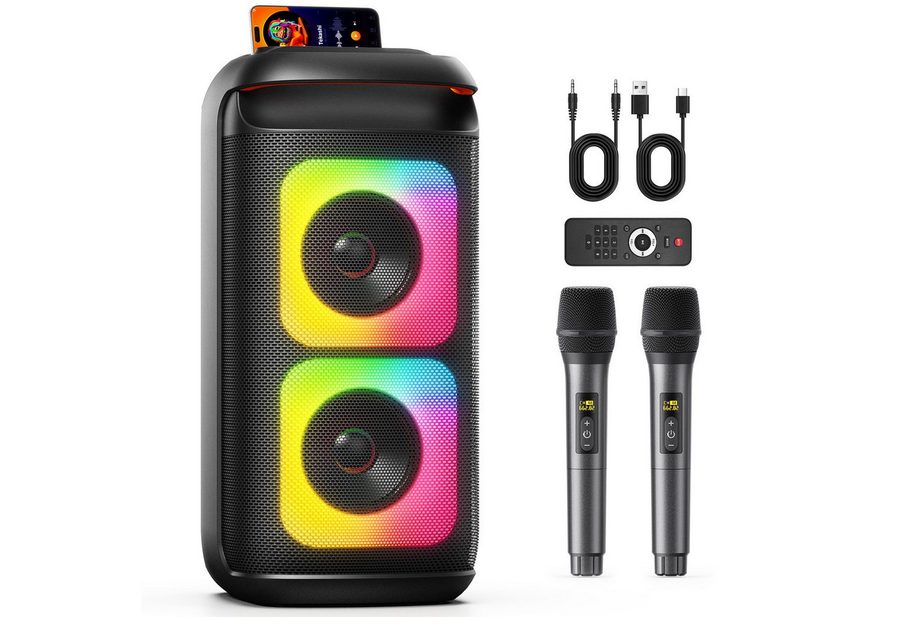 JYX Tragbarer Bluetooth-Speaker mit 2 Funkmikrofonen Bluetooth-Lautsprecher (Bluetooth, 180 W, Kräftiger Bass, Disco-RGB-Licht & bis zu 8 Std. Spielzeit) von JYX