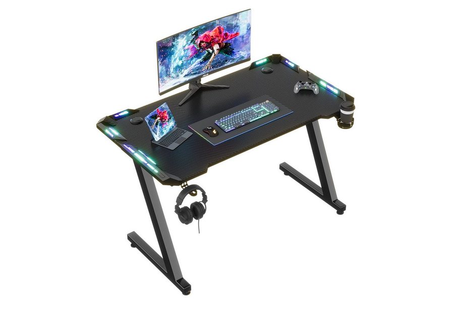 Furnicopia Gamingtisch 120/140/160cm Gaming Schreibtisch mit RGB Computertisch Gamer PC tisch (Schreibtisch mit Becherhalter und Kopfhörerhaken,Z-förmige Tischbeine) von Furnicopia