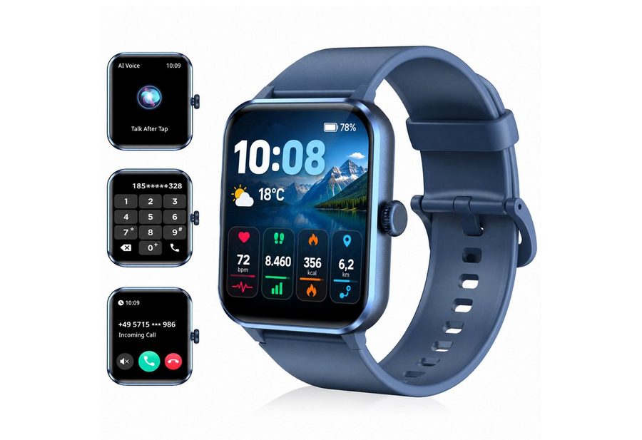 blackview Smartwatch Damen Herren mit 5 Tagen Akkulaufzeit,1,85" HD Touchscreen Smartwatch (1.85 Zoll, iOS/Android) Set, mit Wechselband aus weichemSilikon und Ladekabel, KI-Sprachassistent, Herzfrequenz,SpO₂,Schlaf,100+ Sportmodi, 2 Armband von blackview