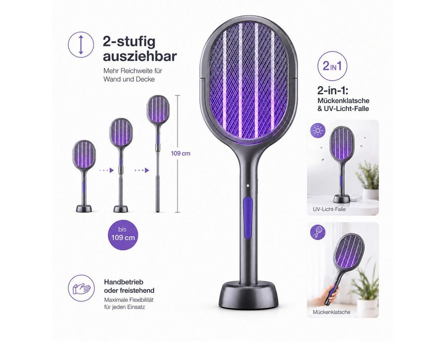 Ertex Fliegenklatsche Elektrische Mückenklatsche 2-in-1 UV-Licht&Teleskopstiel bis 109 cm von Ertex