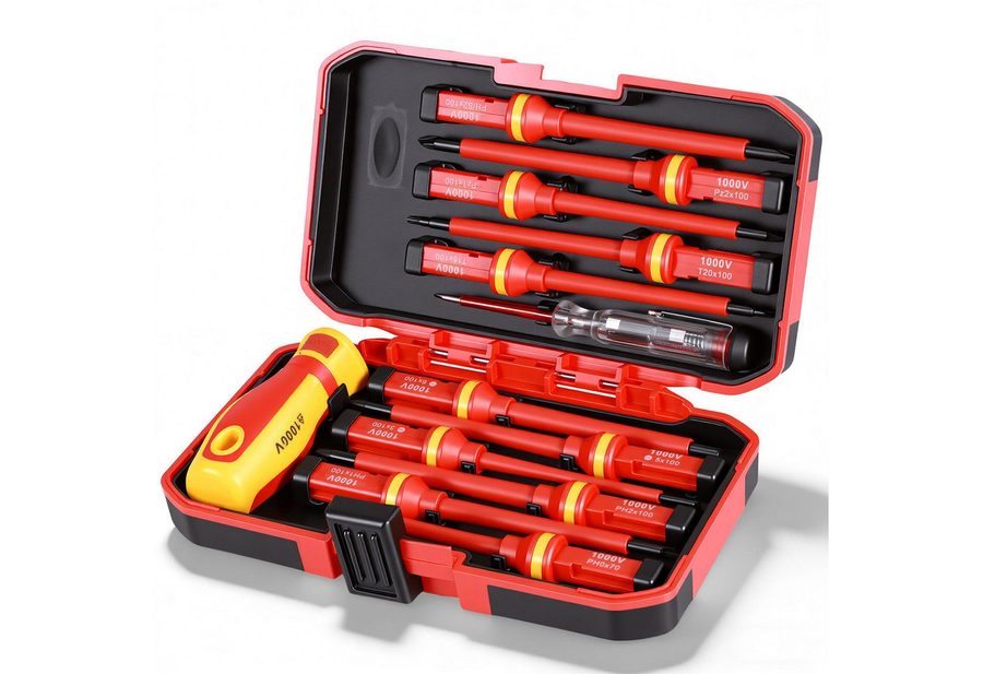 BlingBin Schraubendreher 13 Stücke VDE Isolierte Schraubendreher Set, (1er Set, 13 St., 11pcs Schraubendreherköpfen + 1 x Teststift + 1 x Schutzhülle), für Spannungen bis 1000V, Schraubendreher Köpfen, Flachen Kreuzschlitz von BlingBin