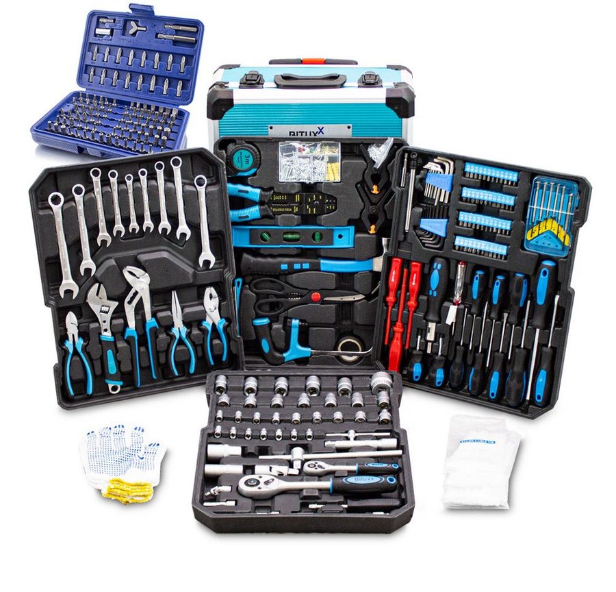 Bituxx Werkzeugtrolley Werkzeugkoffer Set 1300 tlg. (Komplett-Set, 1300 St., Trolley mit 4 bestückten Werkzeugeinlagen, Bitsatz, MS-14490), mobil & praktisch: Rollkoffer mit Teleskopgriff und 4 Ebenen von Bituxx