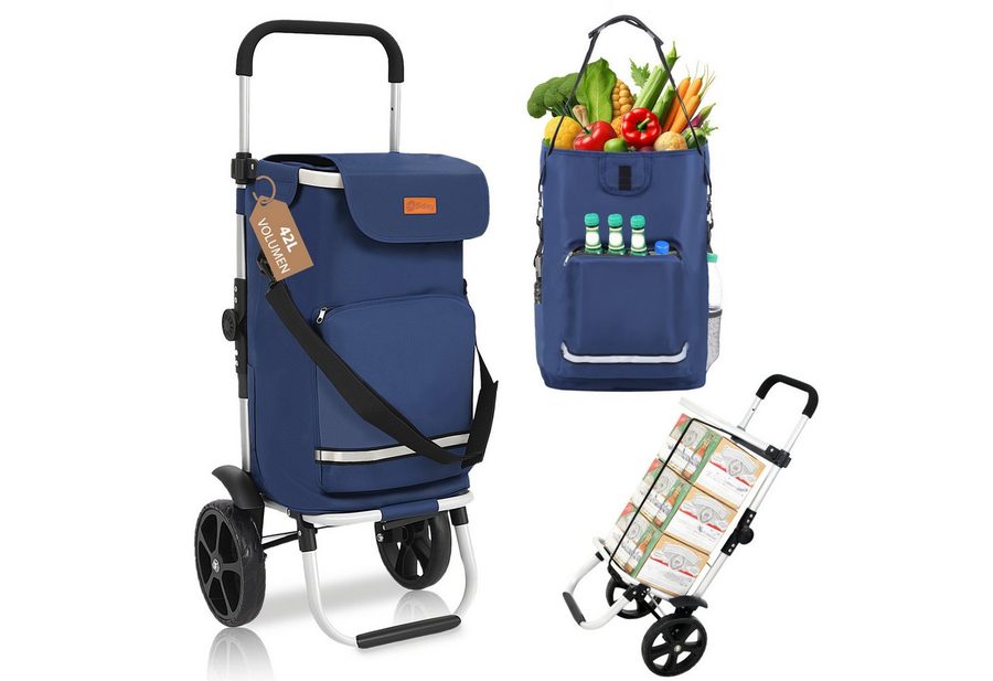 Sekey Einkaufstrolley 3-in-1 mit Kühlfach und Spanngurt, Faltbarer Einkaufswagen 42L & 35kg, 42 l, 3-in-1 Trolley, Sackkarre & Umhängetasche, Ideal für Einkäufe von Sekey