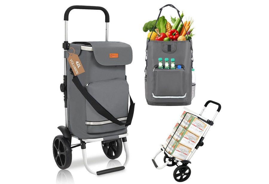 Sekey Einkaufstrolley 3-in-1 mit Kühlfach und Spanngurt, Faltbarer Einkaufswagen 42L & 35kg, 42 l, 3-in-1 Trolley, Sackkarre & Umhängetasche, Ideal für Einkäufe von Sekey