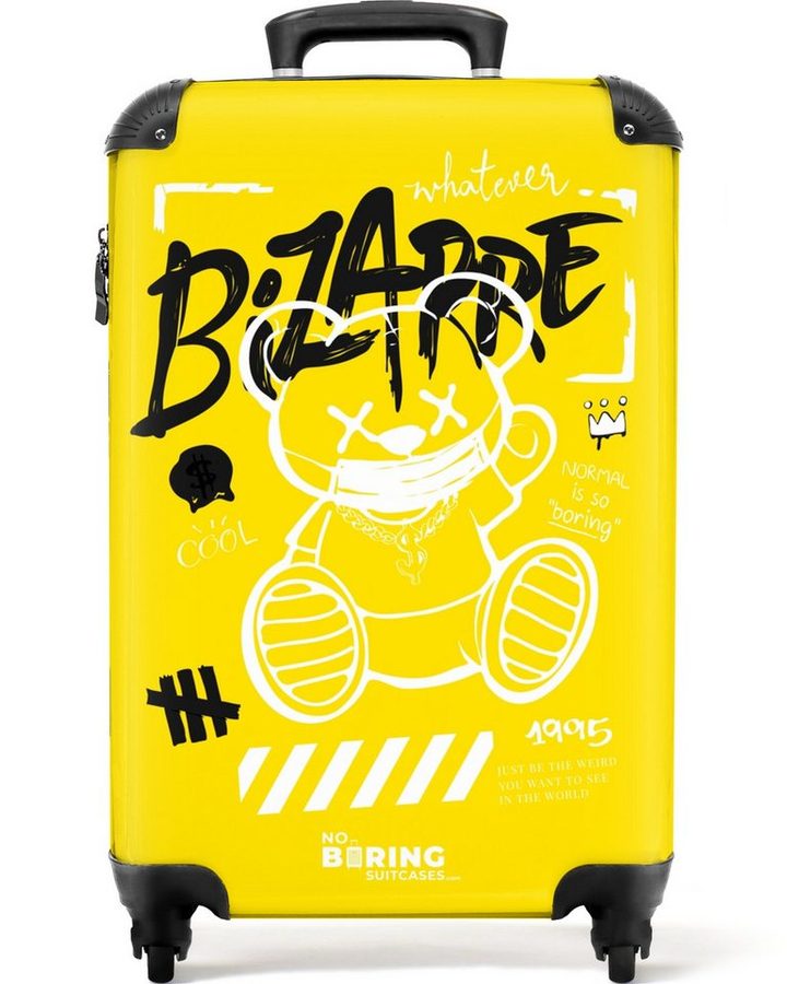 NoBoringSuitcases.com© Hartschalen-Trolley Graffiti-Kunst eines Teddys auf gelbem Hintergrund 55x35x20cm, Reisetasche mit Rollen, Koffer Handgepäck Flugzeug von NoBoringSuitcases.com©