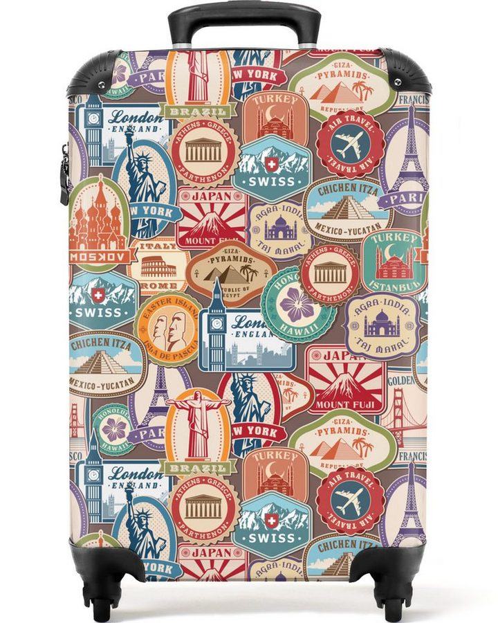 NoBoringSuitcases.com© Hartschalen-Trolley Reisen - Muster - Illustrationen - Vintage - Braun 55x35x20cm, Reisetasche mit Rollen, Koffer Handgepäck Flugzeug von NoBoringSuitcases.com©