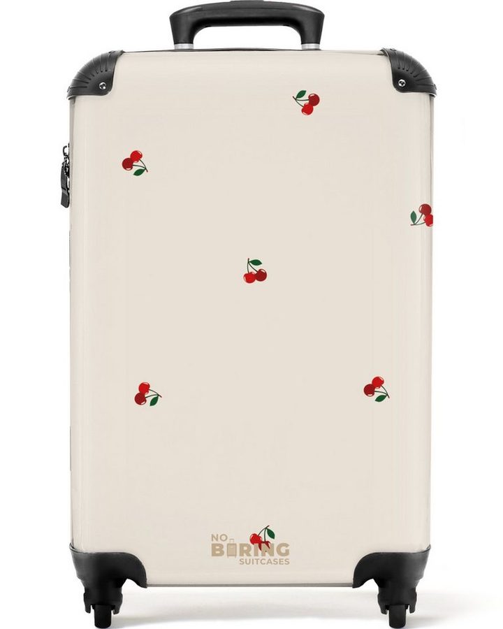 NoBoringSuitcases.com© Hartschalen-Trolley Beigefarbener Hintergrund mit Muster aus kleinen Kirschen 55x35x20cm, Reisetasche mit Rollen, Koffer Handgepäck Flugzeug von NoBoringSuitcases.com©
