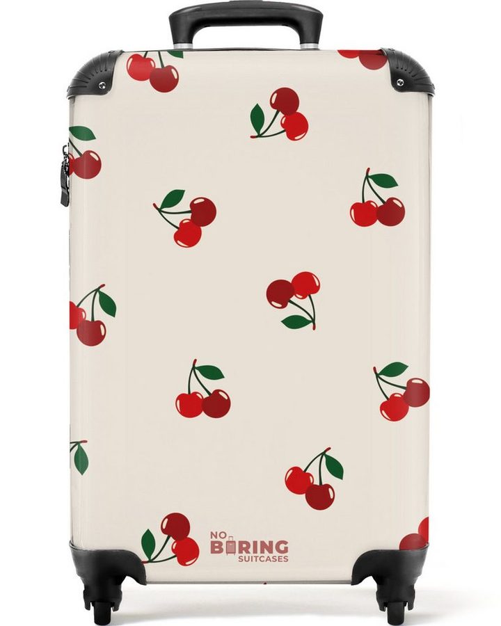 NoBoringSuitcases.com© Hartschalen-Trolley Beigefarbener Hintergrund mit Muster aus großen Kirschen 55x35x20cm, Reisetasche mit Rollen, Koffer Handgepäck Flugzeug von NoBoringSuitcases.com©