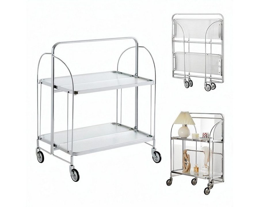 PFCTART Beistellwagen Mobile Storage Folding Trolley, Servierwagen, zusammenklappbar, (Set, 68×40×80 cm – Regal mit Rollen, klappbarer Beistellwagen für Bar/Küche), Dinett Ablagekorb 2 Tier Clear gehärtetes Glas with Wheels von PFCTART