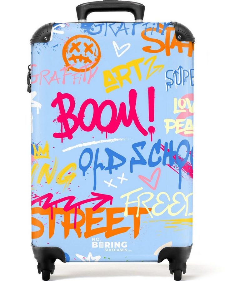 NoBoringSuitcases.com© Hartschalen-Trolley Bunter Graffitidruck mit Text und Spritzern 55x35x20cm, Reisetasche mit Rollen, Koffer Handgepäck Flugzeug von NoBoringSuitcases.com©