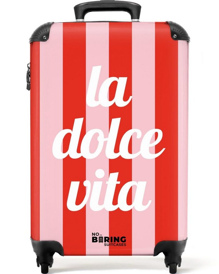 NoBoringSuitcases.com© Hartschalen-Trolley Rote und rosa Streifen mit dem Zitat "la dolce vita". 55x35x20cm, Handgepäck Koffer & Trolleys, Luggage, Reisekoffer Frauen von NoBoringSuitcases.com©