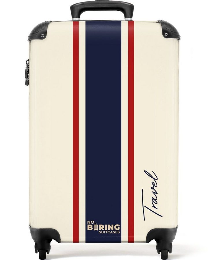 NoBoringSuitcases.com© Hartschalen-Trolley Cremefarbener Hintergrund mit zentralem dreifarbigen Streifen und Text, Reisetasche mit Rollen, Koffer Handgepäck Flugzeug von NoBoringSuitcases.com©