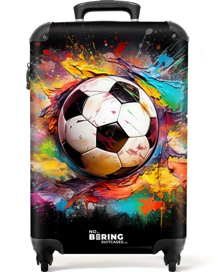 NoBoringSuitcases.com© Kinderkoffer Fußball umgeben von Farbklecksen 55x35x20cm, Reisetasche mit Rollen, Koffer Handgepäck Flugzeug von NoBoringSuitcases.com©
