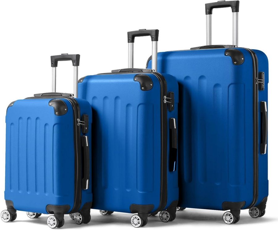 LALAHO Trolleyset Reisekoffer Set Hartschalenkoffer Trolley mit 360° Rollen, 4 Rollen, (3 tlg), Koffer Set aus ABS mit Teleskopstange, Handgepäck, Dunkelblau von LALAHO