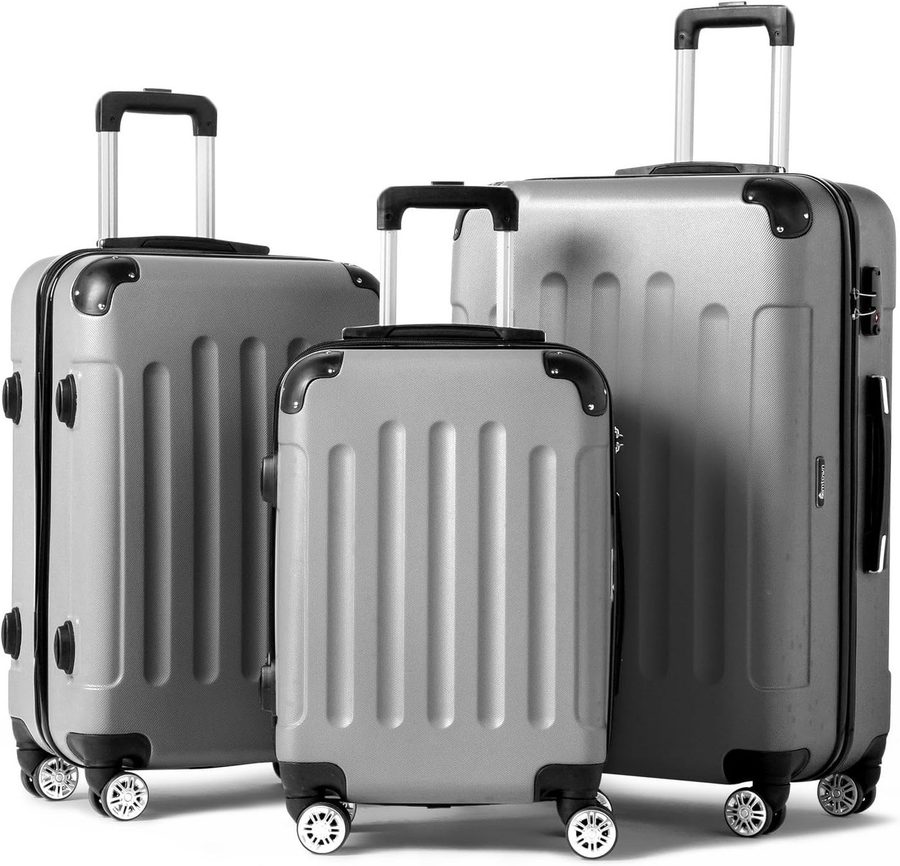 LALAHO Trolleyset Reisekoffer Set Hartschalenkoffer Trolley mit 360° Rollen, 4 Rollen, (3 tlg), Koffer Set aus ABS mit Teleskopstange, Handgepäck, Grau von LALAHO