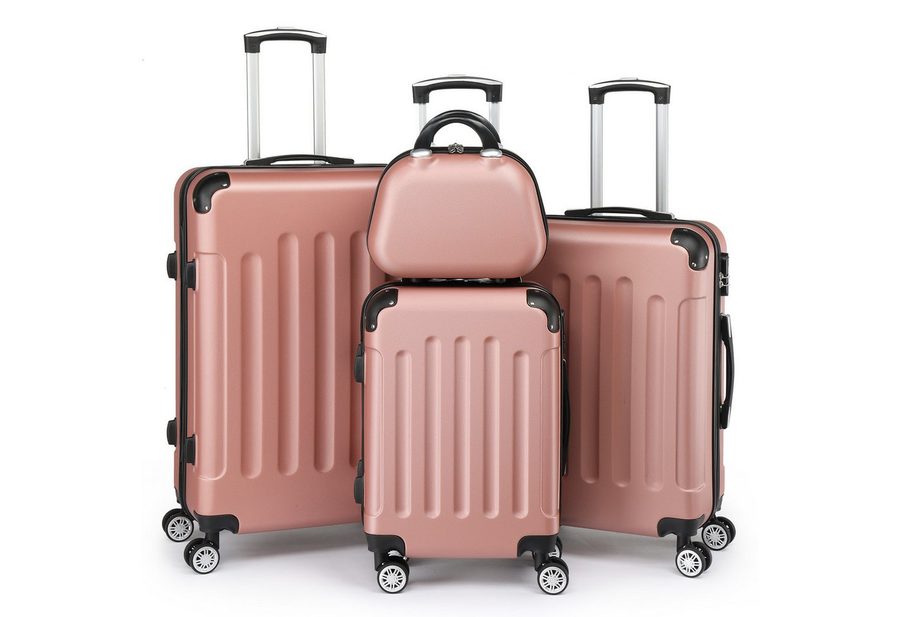 LALAHO Trolleyset Reisekoffer Set Hartschalenkoffer Trolley mit 360° Rollen, 4 Rollen, (4 tlg), Koffer Set aus ABS mit Kosmetikkoffer, Handgepäck, Roségold von LALAHO