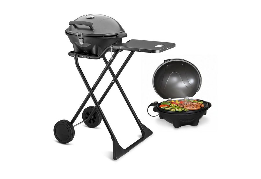 TZS FIRST AUSTRIA Standgrill 2in1 2400W, Elektrisch & Klappbar, Trolley-Grill mit Thermometer, 2400 W, Standgrill mit Windschutzhaube, 2,9m Kabel und Antihaft-Grillplatte von TZS FIRST AUSTRIA