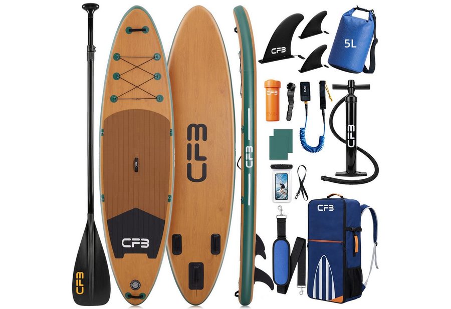 CFB SUP-Board Set 320x84x15 cm extra breit, Bis zu 160 kg, aufblasbar Stand Up Paddle Board, (iSUP Komplett-Set, 12 tlg., mit Alu Paddel, Pumpe, Rucksack, Leash, 5L Dry Bag und Schultergurt), Paddleboard aufblasbar für Anfänger & Erwachsene von CFB