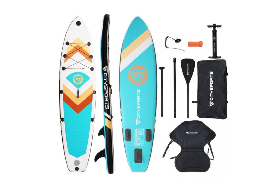 CITYSPORTS Inflatable SUP-Board aufblasbares Stand Up Paddle Board set bis 160/220 kg, Komplettset mit Paddel, Pumpe, Rucksack, Leash, Finnen & Kajak-Sitz von CITYSPORTS